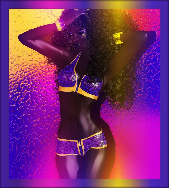 Sexy woman with afro hair style, dancing retro disco. Beautiful African woman in a sexy purple outfit.