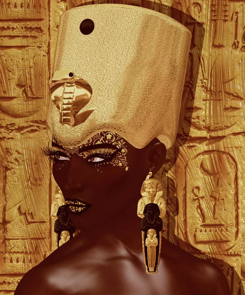 Black Egyptian Queen, beautiful face, hieroglyphics background in stone. — Stock Photo, Image