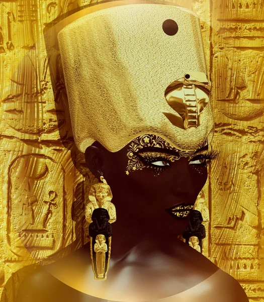 Egyptian Queen, pharaoh with gold crown, ureaus, snake and beautiful face. — Stock Photo, Image