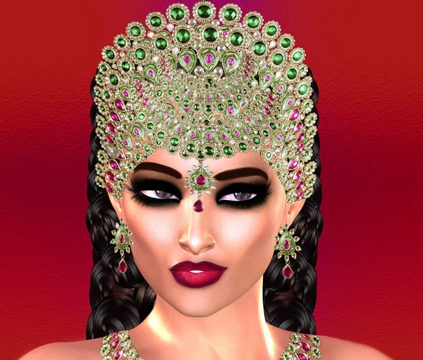 Jewls, kralen, smaragden en diamanten combineren om deze mooie vrouw in onze unieke, moderne 3d digitale kunststijl. Stockfoto