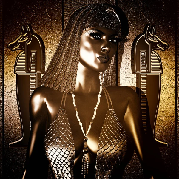 Egyptian Goddess Queen in gold and bronze with braided hair and statues. — Stock Image Egyptian Goddess Queen in gold and bronze with braided hair and statues. Stock Image