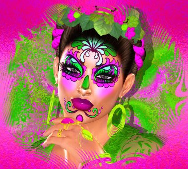 Kafatası makyaj La Santa Muerte, şeker renkli çiçek Meksika maskesi, Ölüler Günü '. Yakın çekim.