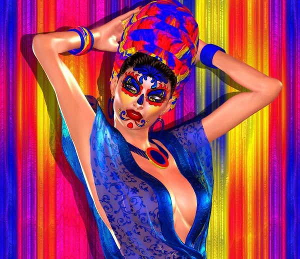 Sexy woman with sugar skull makeup of la Santa Muerte,colorful floral Mexican mask, day of dead. — Stock Photo, Image