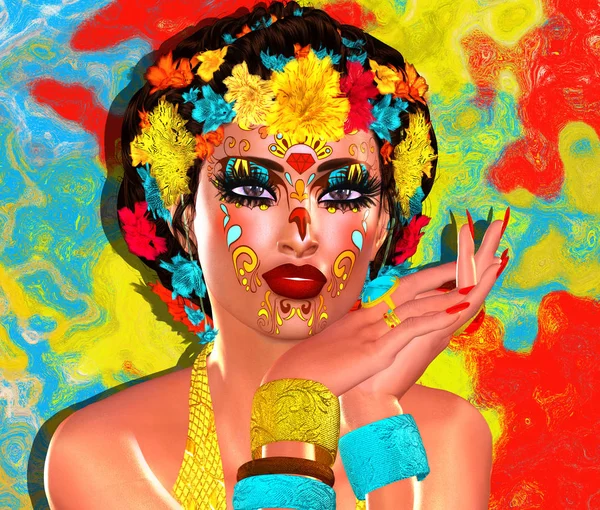 Maquilhagem do crânio de açúcar de la Santa Muerte, máscara floral mexicana colorida, dia da morte. Fechar . — Fotografia de Stock