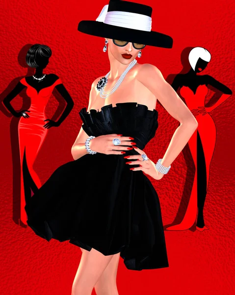 Moda sahne, vintage tarzı siyah elbiseli çekici kadın ve şapka bizim 3D render dijital sanat tarzı. — Stok fotoğraf