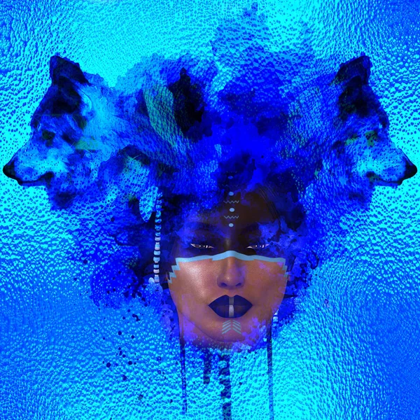 Native American girl with Wolf headdress abstract blue ice color and effect. — Stock Photo, Image