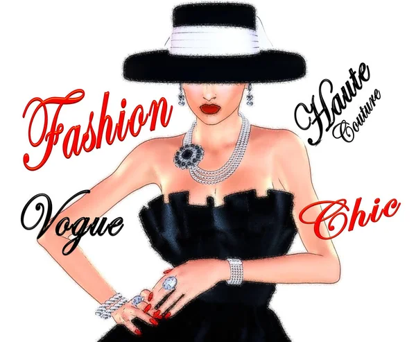 Mode schets, aantrekkelijke vrouw in vintage stijl zwarte jurk en muts in onze 3d renderen digitale kunststijl. Rechtenvrije Stockafbeeldingen