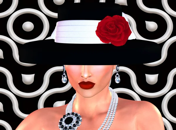 Mode-scene, aantrekkelijke vrouw in vintage stijl zwart-witte hoed met een rode roos in onze 3d render digitale kunststijl. Stockfoto