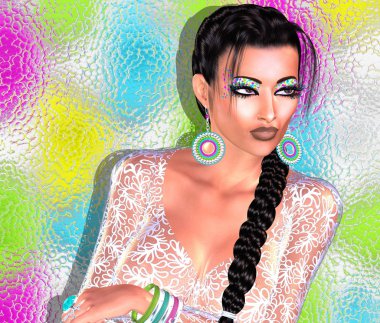 Örgülü saç modeli, moda yapmak yukarıya ve degrade, pastel, soyut arka plan ile yetişkin kadın.