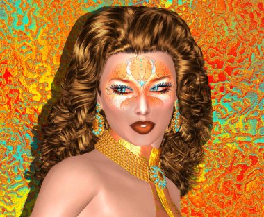 Yaratıcı makyaj, maskeli balo stili ve turuncu arka plan ile moda ve güzellik Kızıl saçlı kız.