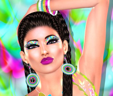 Bir kadının yüzüne renkli pop art resim. Bu bir kadının yüzüne pop sanat tarzı yakından dijital sanat görüntüsüdür.