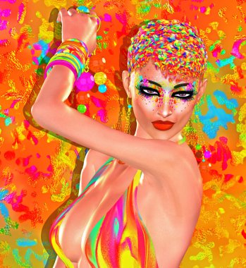 Bir kadının yüzüne renkli pop art resim. Bu bir kadının yüzüne pop sanat tarzı yakından dijital sanat görüntüsüdür.