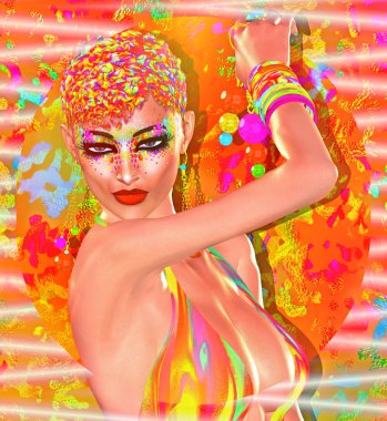 Bir kadının yüzüne renkli pop art resim. Bu bir kadının yüzüne pop sanat tarzı yakından dijital sanat görüntüsüdür.