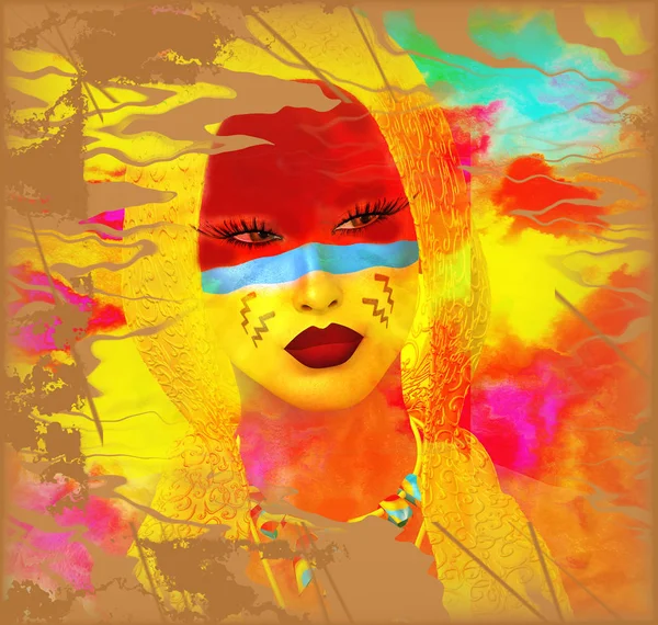 Native American Girl met abstract kleurrijk geschilderde gezicht in of unieke 3d render kunststijl. — Stockfoto