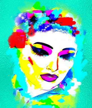 Renkli, soyut pop art resim kadının yüz saç çiçekli.