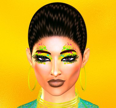 Kadının yüzüne moda kozmetik, altın arka plan görüntüsünü renkli pop sanat.