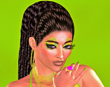 Kadının yüzüne moda kozmetik, yeşil arka plan görüntüsünü renkli pop sanat.