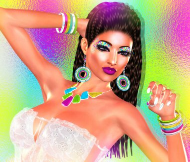 Kadının yüzüne moda kozmetik ile renkli pop art resim.