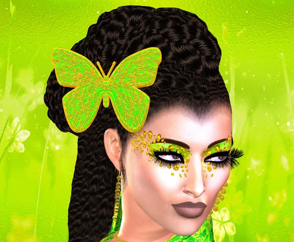 Borboleta no cabelo. Imagem de arte pop colorido do rosto da mulher com borboleta no cabelo . — Fotografia de Stock