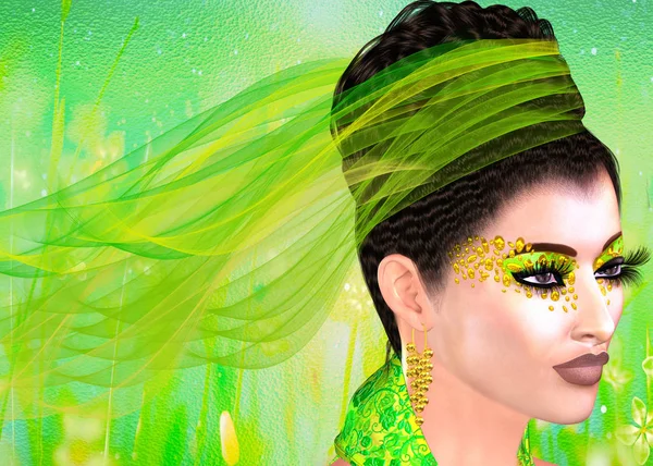 Encaje verde y cintas adornan a esta hermosa mujer en un traje verde a juego, cosméticos y fondo abstracto. Modelo de arte digital . — Foto de Stock