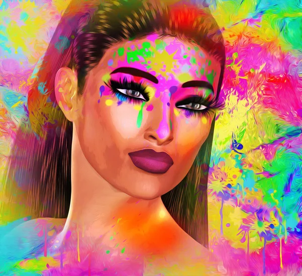 Kadının yüzüne ıslak boya sıçramak ve arka plan görüntüsünü renkli pop sanat.