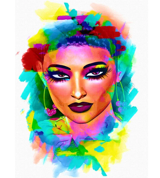 Immagine pop art colorata del viso della donna con fiori nei capelli . — Foto Stock