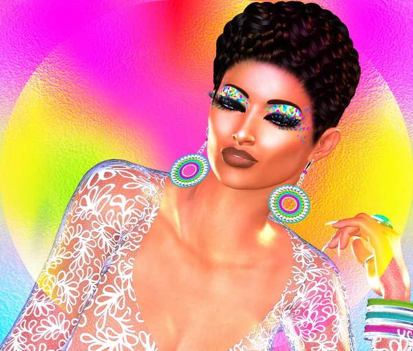 Kadının yüzüne moda kozmetik ile renkli pop art resim. 