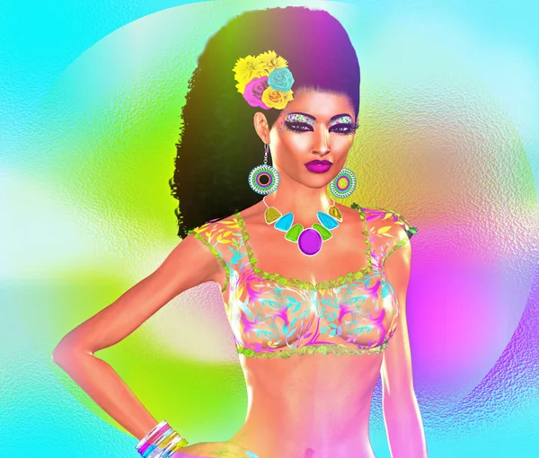 Renkli pop art resim kadının yüz saç çiçekli.