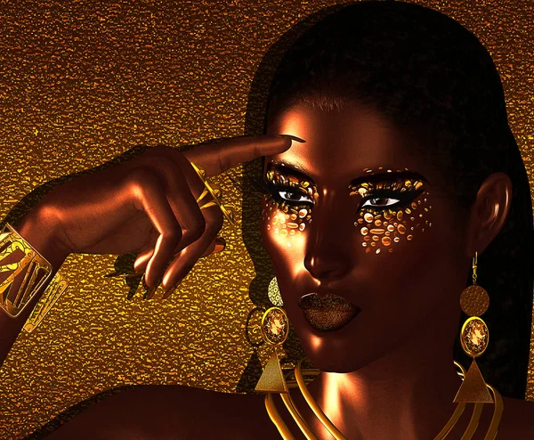 African American moda uroda. Wspaniały, kolorowy obraz pięknej kobiety z dopasowywania makijaż, akcesoria i odzież przed streszczenie tło złoto. — Zdjęcie stockowe