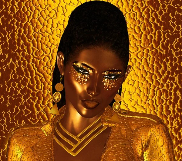 African American Fashion Beauty. A stunning colorful image of a beautiful woman with matching makeup, accessories and clothing against an abstract gold background. — Stock Photo, Image