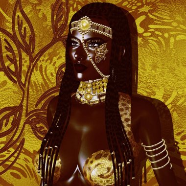 Afrika Kraliçesi, moda güzellik. Bir çarpıcı renkli görüntü makyaj, Aksesuar eşleme ve altın bir arka planda giyim ile güzel bir kadın. 3D Dijital sanat işlemek için güzellik, çeşitlilik, gurur ve daha fazla Temalar mükemmel!
