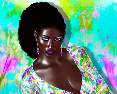 Afro-Amerikan moda güzellik. Makyaj, Aksesuar eşleme ve bir arka plan karşı giyim ile güzel bir kadın çarpıcı bir renkli görüntü.