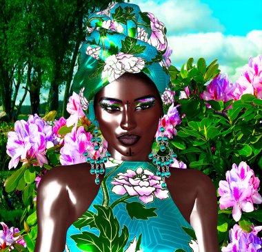 Afrika Kraliçesi, moda güzellik. Bir çarpıcı renkli görüntü makyaj, Aksesuar eşleme ve çiçek bir arka planda giyim ile güzel bir kadın. 3D Dijital sanat işlemek için güzellik, çeşitlilik, gurur ve daha fazla Temalar mükemmel!
