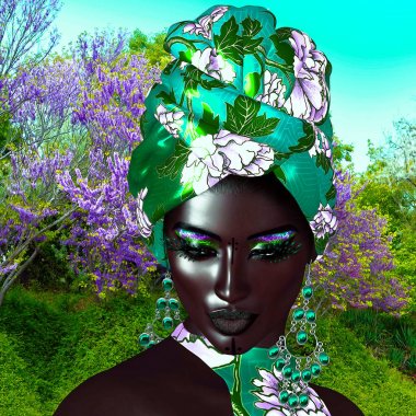 Afrika Kraliçesi, moda güzellik. Bir çarpıcı renkli görüntü makyaj, Aksesuar eşleme ve çiçek bir arka planda giyim ile güzel bir kadın. 3D Dijital sanat işlemek için güzellik, çeşitlilik, gurur ve daha fazla Temalar mükemmel!