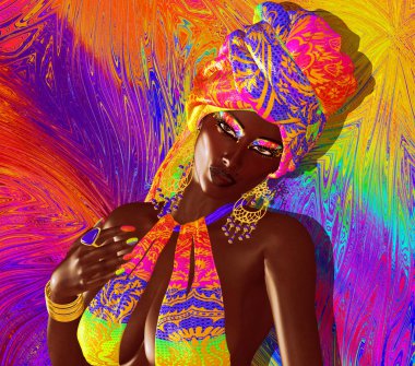 Afrikalı-Amerikalı moda güzellik baş örtü ve glitter kozmetik ile. Moda, çeşitlilik, saç modelleri, güzellik ve makyaj Temalar ifade etmek için mükemmel. 3D Dijital sanat render.