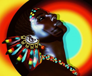 Tüy küpe ve aksesuarları ile renkli arka plan üzerinde güzel Afrikalı kadınlar. Bizim 3d modelleri çeşitlilik, güzellik ve moda ile çalışmak için idealdir!