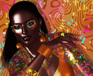 Avant garde moda ve güzellik sahne bizim benzersiz 3d dijital sanat render. Güven ile parlayan çekici güzel zenci kadın.