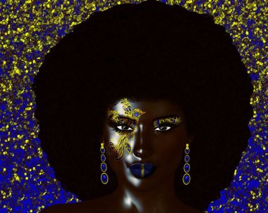 Modern dijital sanat görüntüsü güzel bir Afrikalı kadın tarafından giyilen muhteşem retro Afro saç modeli. Renkli mor glitter, arka plan yüzü ve cilt geliştirmek için bir ek parlaklık etkisi yoktur..