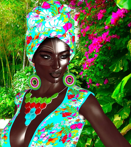 African Queen, Fashion Beauty. A stunning colorful image of a beautiful woman with matching makeup, accessories and clothing against a floral background.  3d digital art render perfect for themes of beauty,diversity,pride and more!