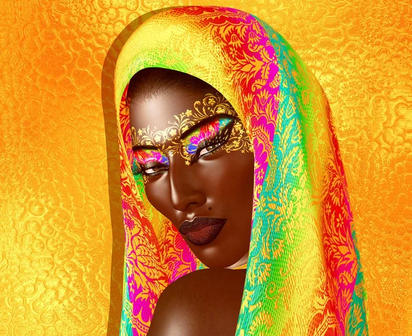 頭のベールとキラキラの化粧品とアフリカ系アメリカ人のファッションの美しさ ファッション 多様性 ヘアスタイル メイクのテーマを表現するに最適です デジタル アートをレンダリングします — ストック写真