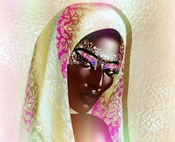 Afrikanisch Amerikanische Modeschönheit Mit Kopfschleier Und Glitzerkosmetik Perfekt Themen Wie — Stockfoto