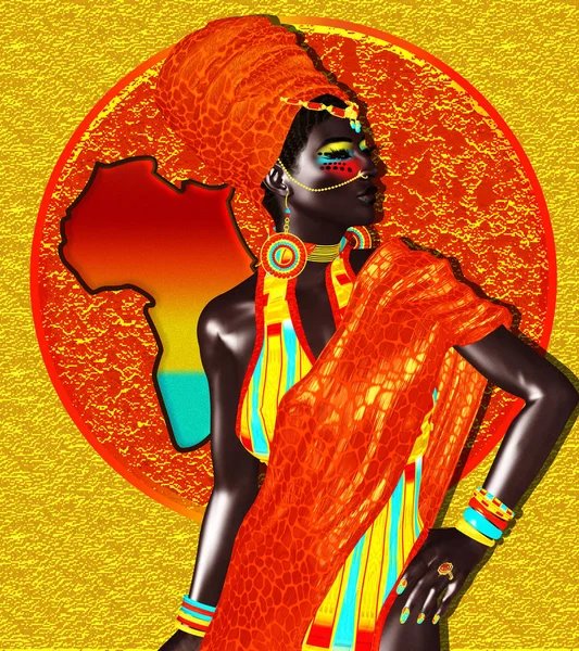 Krásná Africká Žena Barevném Abstraktním Pozadí Siluetou Afrického Kontinentu Naše — Stock fotografie