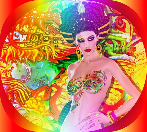 Asian Goddess with dragon tattoo and colorful background. Confidence, beauty, diversity, wealth and power are all expressed here in this 3d render of our digital art model.