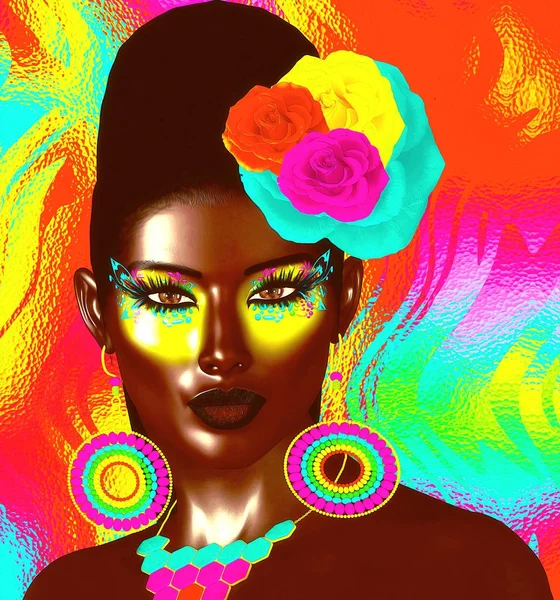 Colorful pop art image of woman\'s face with flowers in hair. This is a 3d rendered digital art image of a close up woman\'s face in pop art style. A modern, abstract, punk look that\'s sexy and confident.