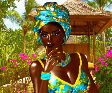 Güzel gurur Afrikalı kadın. Makyaj, Aksesuar eşleme ve çiçek bir arka planda giyim ile güzel bir kadının renkli bir görüntü. 3D Dijital sanat işlemek için güzellik, çeşitlilik, gurur ve daha fazla Temalar mükemmel!