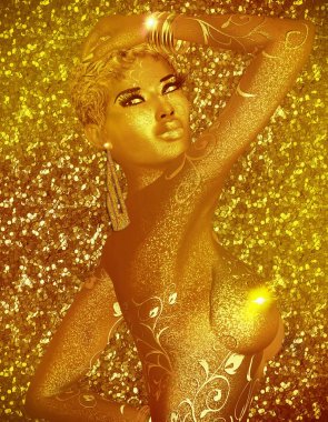 Altın glitter onu çevreleyen ışıklar büyülü koleksiyonu ile bu gizemli kadın hakim. Bir kadın için meditasyon, moda, makyaj, gizem ve daha Temalar büyük bir modern dijital sanat 3d render bu!