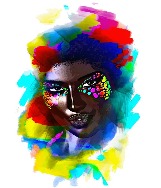 Geheimnisvolle Schwarze Frau Ein Farbenfroher Abstrakt Bemalter Hintergrund Schafft Eine — Stockfoto