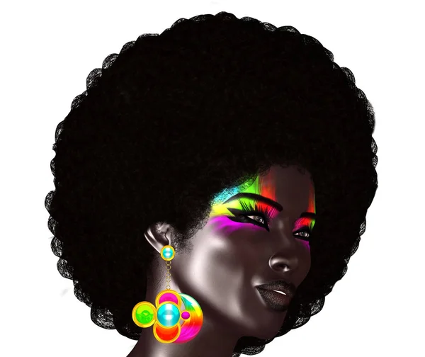 Trendy Kıvırcık Afrika Saç Gerçekçi Modeli Tarafından Giyilir Küpe Bir — Stok fotoğraf