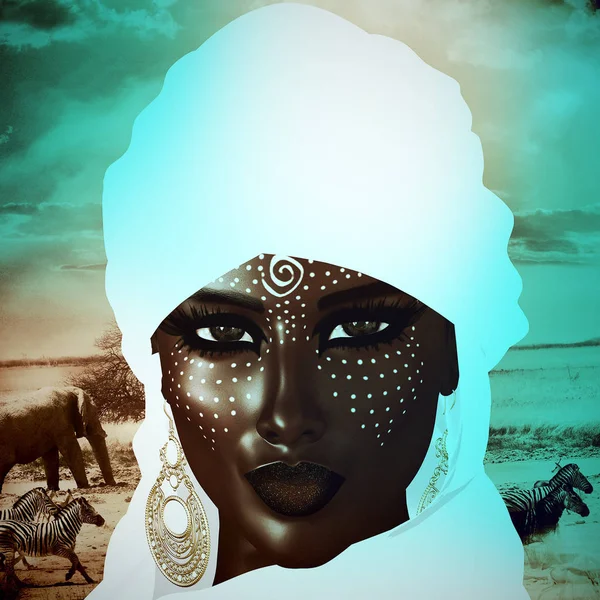 サハラの砂から黒アラブ女性 白いスカーフとプラチナ イヤリング ファッションメイクとローブを身に着けている神秘的な美しさ セピア色の背景に象 シマウマがこのモダンな デジタル アートに仕上げレンダリングを追加します — ストック写真