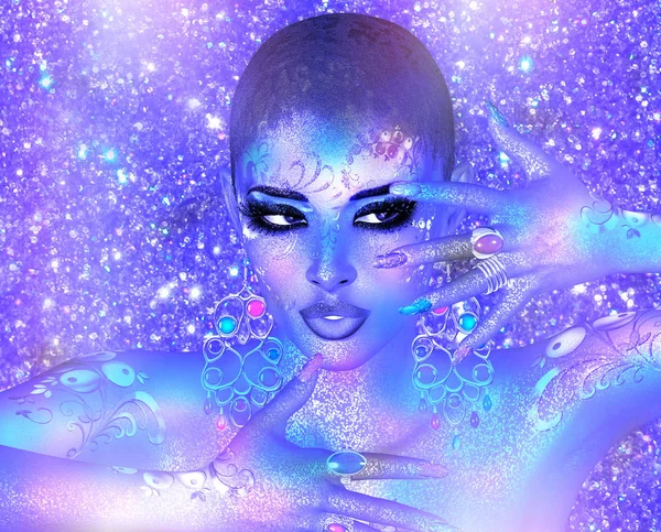 紫色闪光主宰这个神秘的女人与她周围的神奇的灯光集合 这是一个现代数字艺术3D 渲染一个女人伟大的主题的冥想 神秘和更多 — 图库照片